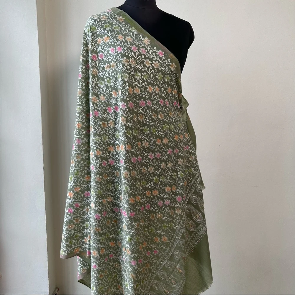 Olive Green Floral Embroidered Pashmina Shawl / Wrap / Scarf | Soft Winter Stole